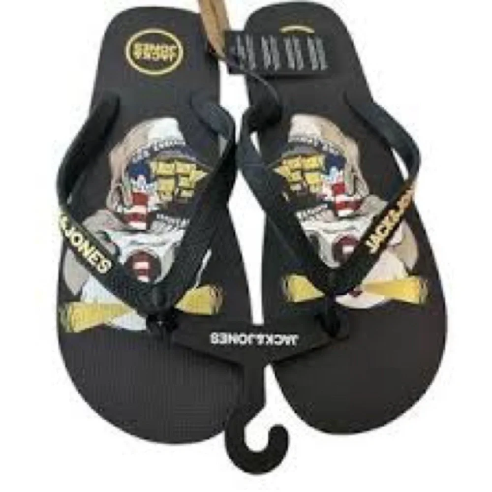 NWT JACK & JONES Mens Logo Flip Flops Sandals Black Summer Beach Shoes Size 9/10